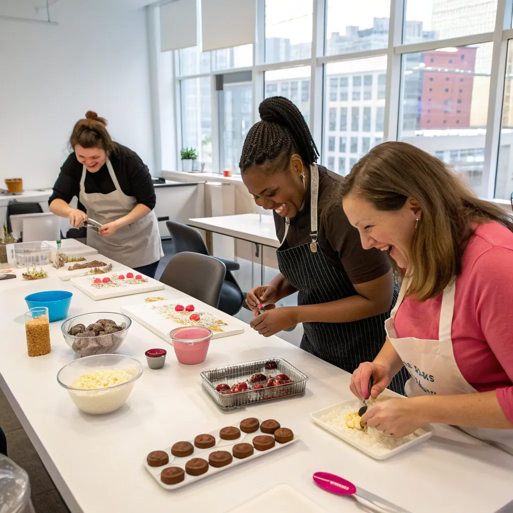 A group of people enjoying a dessert workshop at MARVIONETH studio